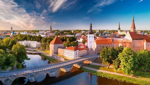 aerial view of kaarsild arch bridge and old town in tartu estonia