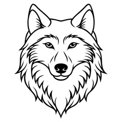 Detailed line art illustration of a wolf head with prominent fur and ears facing front on transparent background