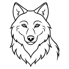 Illustration of a wolf head with detailed fur and facial features in black outline on transparent background