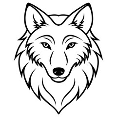 Illustration of a wolf head with detailed fur and sharp features in black outline on transparent background
