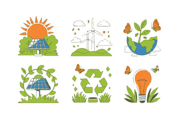 Fototapeta premium Various icons representing ecological sustainability showcase solar panels, wind turbines, recycling, and an organic lightbulb on transparent background
