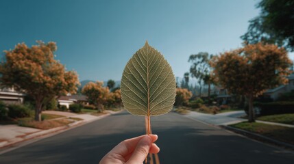 A single yellowed autumn leaf with veins visible, being held by a hand in front of residential homes during daytime.