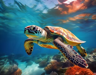 Fototapeta premium underwater scene with a sea turtle swimming in clear blue waters emphasizing the beauty of marine life and the peacefulness of the ocean