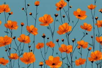 Floral Pattern Design. Vibrant orange flowers on a teal background.