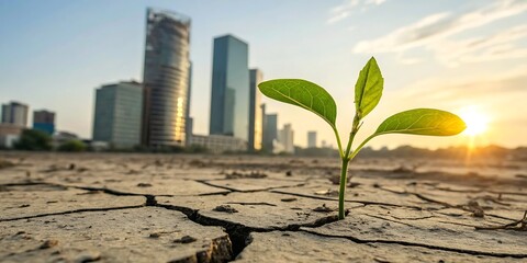 Green Plant Growing from Dry Soil with Urban Cityscape and Golden Sunset Glow