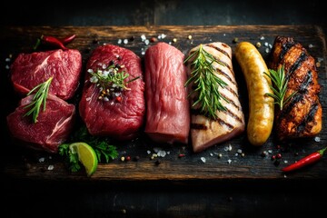 Assorted Raw Meats on Wooden Board with Herbs and Spices