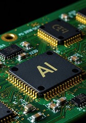 AI Microchip on Circuit Board Closeup Artificial Intelligence Hardware Machine Learning Processor Futuristic Technology Concept