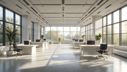 Modern bright office workspace with large windows showcasing natural light and minimalist desks perfect for productive work.