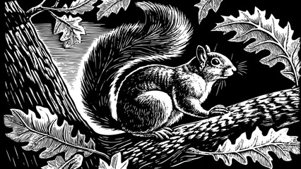 Squirrel sitting sketch black and white hand drawn outline