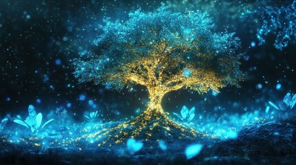 Mystical glowing tree in a vibrant, ethereal landscape.  Illuminated foliage and roots, surrounded by sparkling, luminous flora.  A captivating, digital artwork depicting a magical, enchanting scene