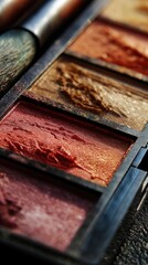 Close-up of a makeup palette with richly pigmented eyeshadows in trendy shades--terracotta, peach, bronze