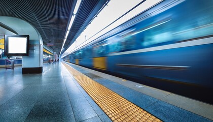 Fototapeta premium a dynamic subway scene featuring an abstract motion blur of a train passing by a station platform with an empty advertising space