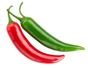 Two hot chili peppers red and green top view isolated on transparent background