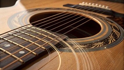Obraz premium Acoustic Guitar Close-up: A detailed, warm-toned close-up showcases the intricate design of an acoustic guitar, from the polished wood to the strings.