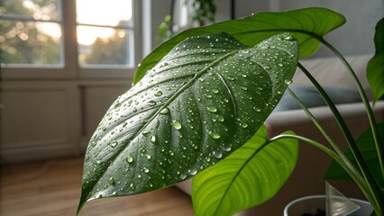 Leafy Delight: Dew-kissed peace lily leaf, illuminated by soft sunlight, creates a tranquil oasis of natural beauty and serenity.