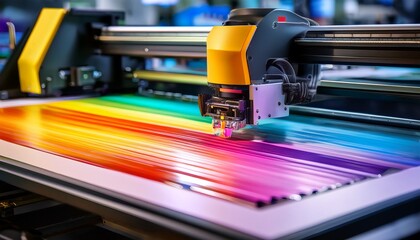 close up of a printer head working on a colorful printed sheet in a modern workshop