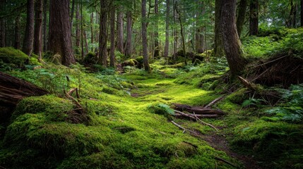 Lush forest floor blanketed in vibrant moss and ferns at dawn in a serene woodland setting