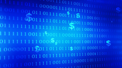 dollar currency signs isolated on blue digital binary code, symbolic illustration for e-commerce,...