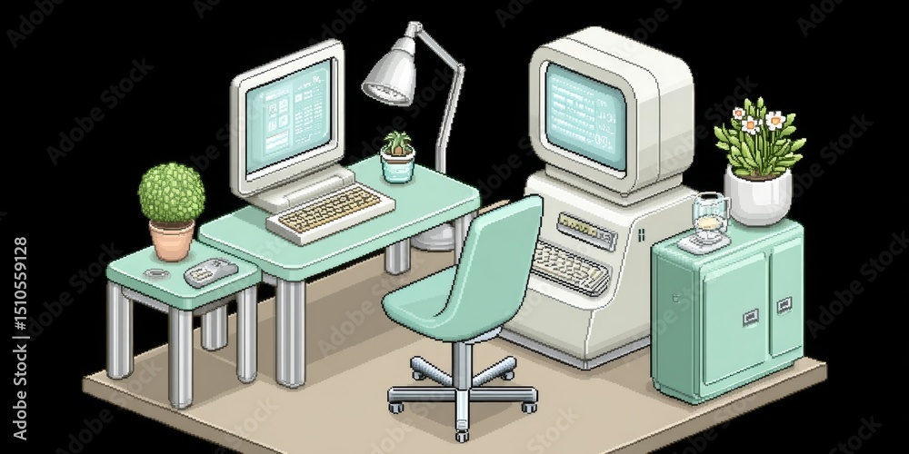 Poster a pixel art scene of a small desk and office chair with a retro computer setup