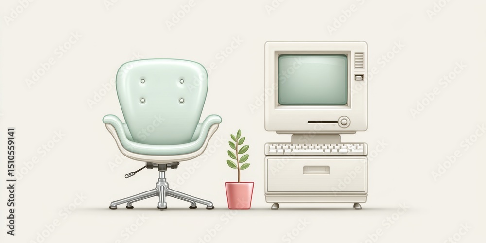 Poster a pixel art scene of a small desk and office chair with a retro computer setup