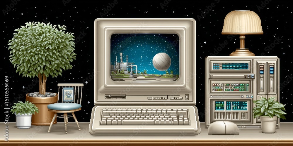 Poster a pixel art computer desk setup with retro monitor, keyboard, and blinking lights