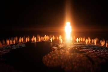 Glowing figure standing on digital map surrounded by people, symbolizing influence, leadership and social reach