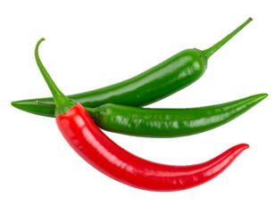Two hot chili peppers red and green top view isolated on transparent background