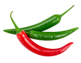 Two hot chili peppers red and green top view isolated on transparent background