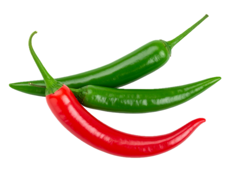 Two hot chili peppers red and green top view isolated on transparent background