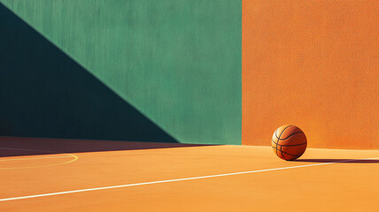 A basketball is placed on the orange and green outdoor court.