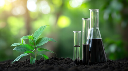 A beaker filled with black liquid and a glass test tube placed on fertile soil.