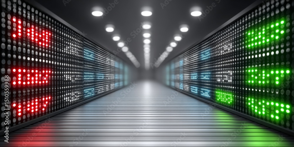 Poster a realistic photo of a stock exchange display board showing red and green market trends