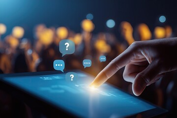Finger interacting with digital interface displaying floating question and chat icons