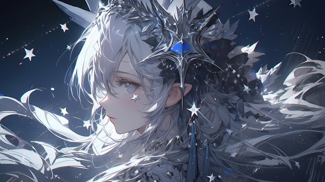 A serene character with flowing white hair and striking blue eyes gazes offstage against a deep blue background speckled with white stars, exuding elegance and fantasy.