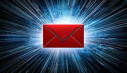 red envelope surrounded by rays of light representing digital communication and messaging technology