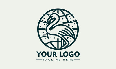 Stylized flamingo bird placed in front of outlined Earth globe representing environmental awareness. Wildlife concept
