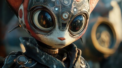 Close-up of a futuristic feline character, with large, reflective eyes and intricate mechanical details.  The character's face is expressive, and its attire suggests a unique aesthetic