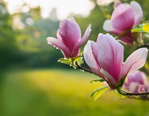 Obraz premium magnolia flowers on branch morning dew water drops on summer day in garden