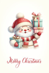 Santa with a happy expression, rosy cheeks, red nose and knitted red and white striped scarf. Greeting card with calligraphy inscription Merry Christmas.