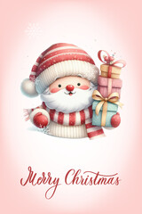 Santa with a happy expression, rosy cheeks, red nose and knitted red and white striped scarf. Greeting card with calligraphy inscription Merry Christmas.