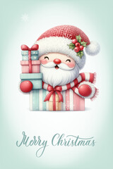 Santa with a happy expression, rosy cheeks, red nose and knitted red and white striped scarf. Greeting card with calligraphy inscription Merry Christmas.