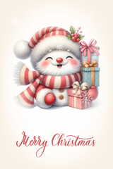 Santa with a happy expression, rosy cheeks, red nose and knitted red and white striped scarf. Greeting card with calligraphy inscription Merry Christmas.