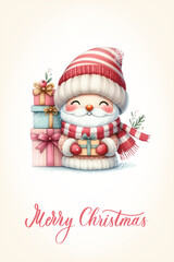 Santa with a happy expression, rosy cheeks, red nose and knitted red and white striped scarf. Greeting card with calligraphy inscription Merry Christmas.