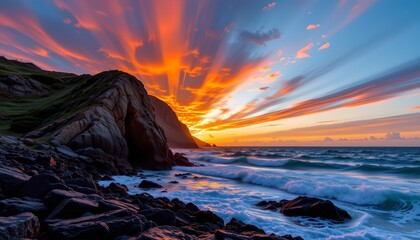 a rocky coastline at sunset, jagged cliffs against a fiery orange sky