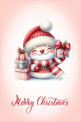 Santa with a happy expression, rosy cheeks, red nose and knitted red and white striped scarf. Greeting card with calligraphy inscription Merry Christmas.