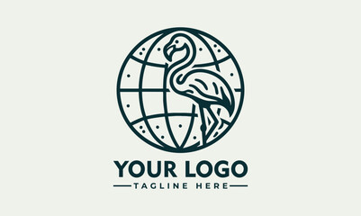 Stylized flamingo bird placed in front of outlined Earth globe representing environmental awareness. Wildlife concept
