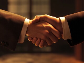 A professional handshake between two men in a dark office, signifying trust and agreement.