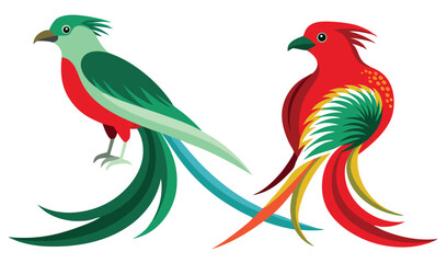 Two vibrant stylized birds with long tails