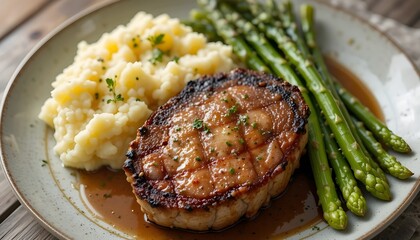 A flavorful grilled pork chop paired with creamy mashed potatoes and delicate asparagus