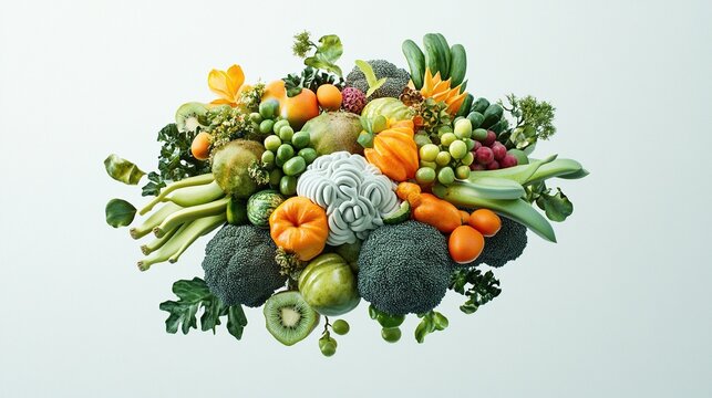 Colorful cluster of fruits and vegetables, various shapes and textures, including a stylized brain-like form, against a light gray background